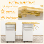 Desserte îlot de cuisineplateau rabattable 3 tiroirs 1 placard porte-torchons et porte-épices 111,5 x 75 x 89 cm blanc