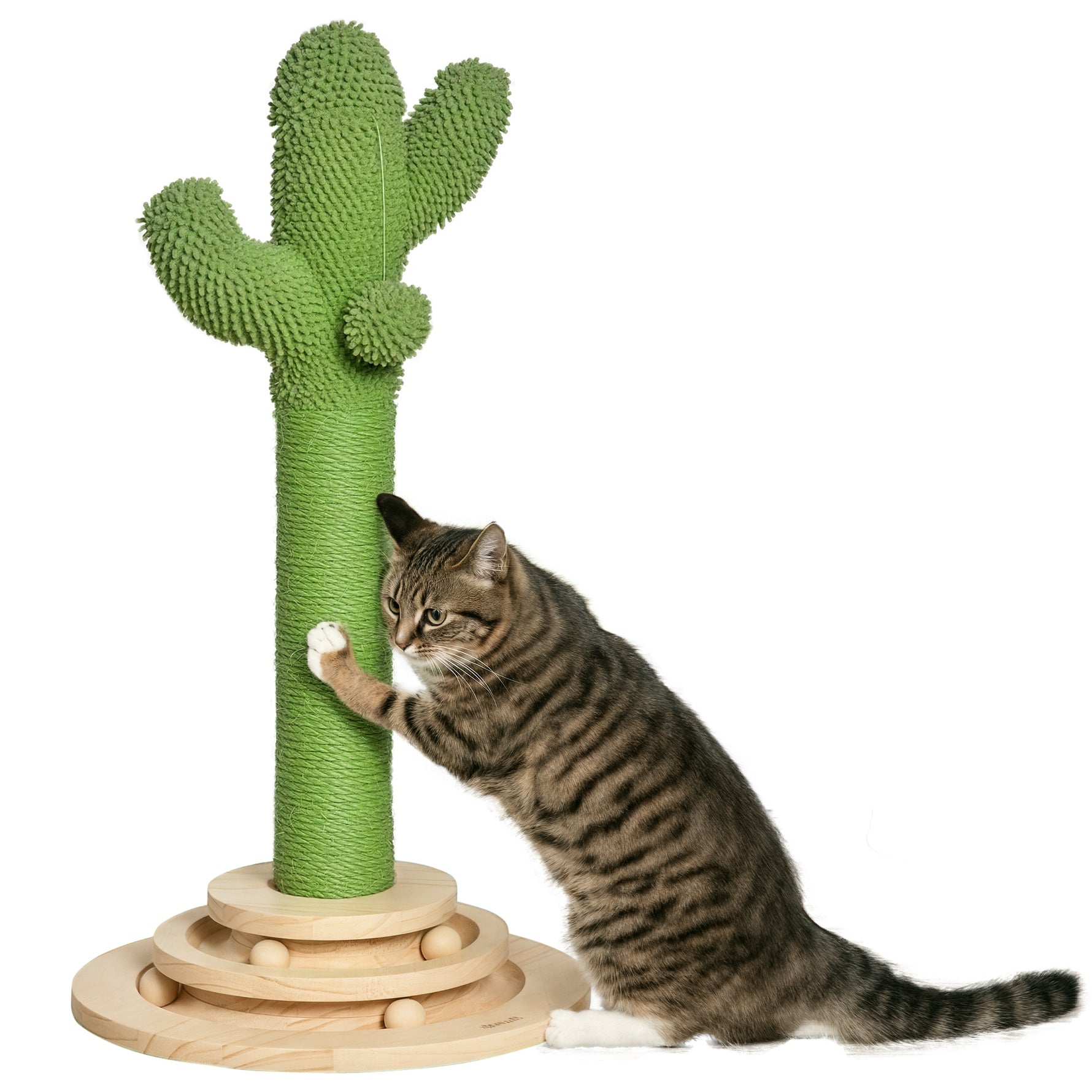 Arbre à chat griffoir forme de cactus en sisal naturel pompon suspendu et plateforme de jeu boules Ø 32 x 60 cm vert-0