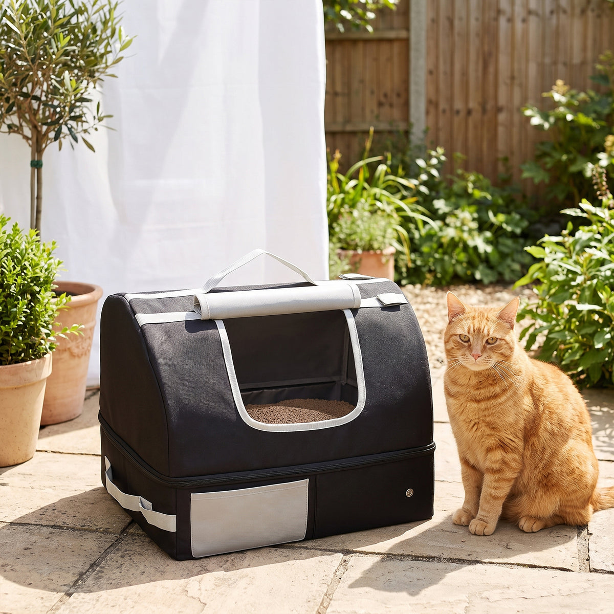 Foldable Cat Litter Box Portable Travel Litter Box 600D Oxford Waterproof Leak-Proof Zippered Cover 43x33x34cm Black