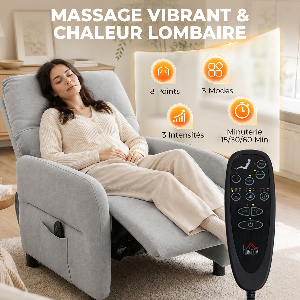Fauteuil Inclinable de Massage par Vibration et Chauffage, Fauteuil de Relaxation en Tissu Éponge Bouclé, Gris