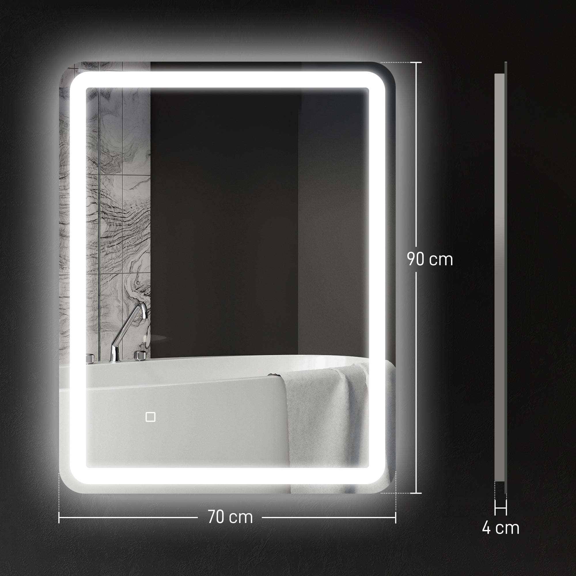 Specchio da bagno rettangolare a LED, funzione antiappannamento, luminosità regolabile, funzione memoria, 70 x 90 cm, argento