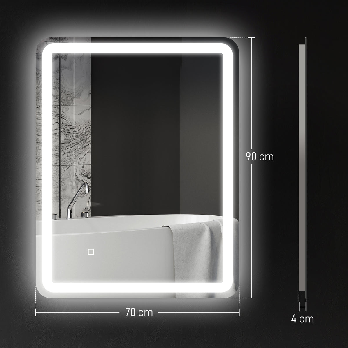 Miroir de salle de bain rectangulaire LED fonction anti-buée luminosité réglable fonction mémoire 70 x 90 cm argent