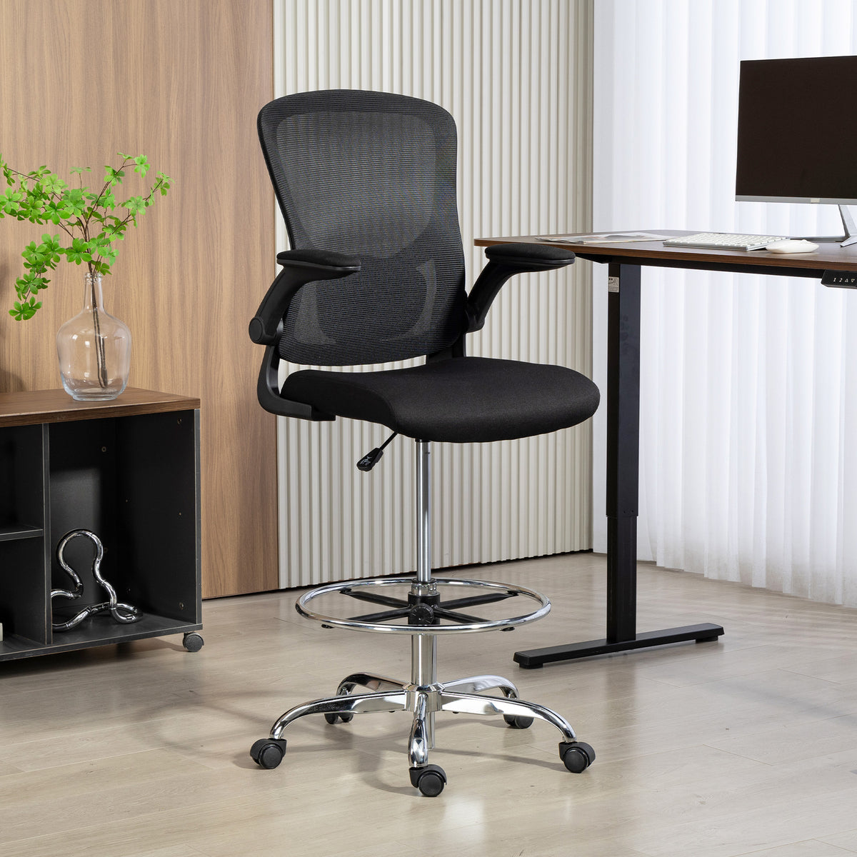 Chaise bureau ergonomique, chaise de dessin, support lombaire 4D, accoudoirs relevables, 60 x 60 x 108-132 cm, noir