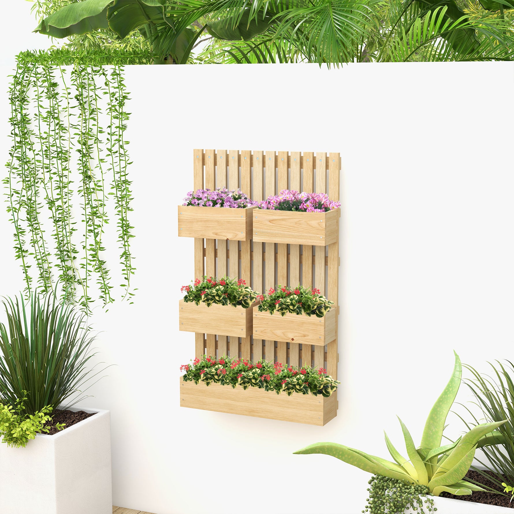 Jardinière murale potager avec 5 bacs treillis en bois massif amovibles 60 x 16 x 100 cm