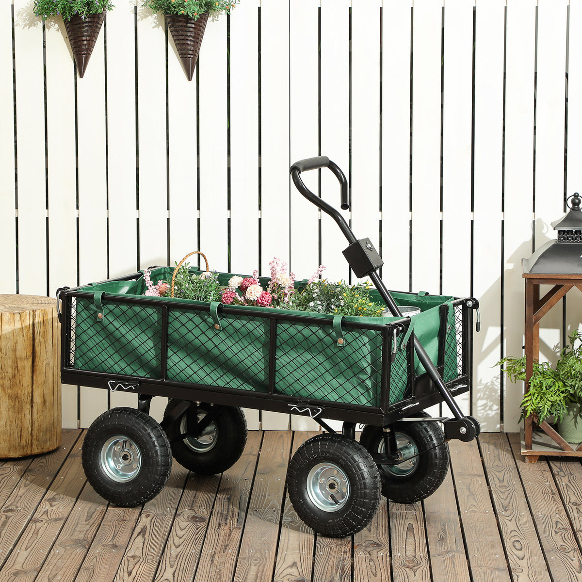 Gartenwagen 300 kg, Bollerwagen mit abnehmbarer Plane und 180° drehbarem Griff, klappbare Seitenteile, Grün