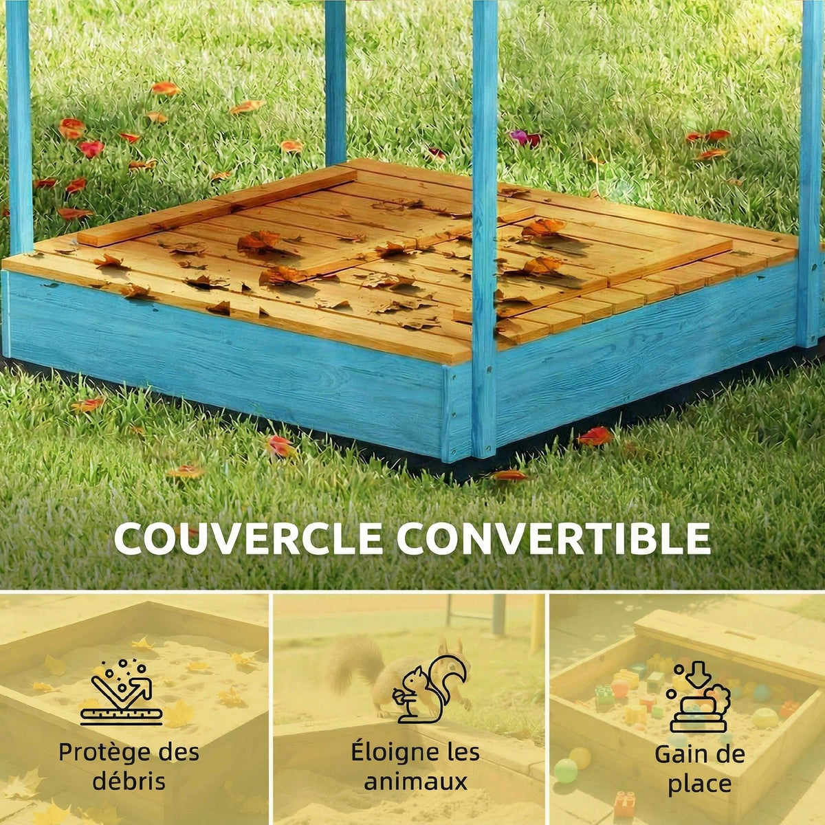 Sandkasten aus Holz mit Deckel, Outdoor-Sandkasten für Kinder mit klappbaren Sitzen und bedruckter Plane mit blauen Flamingos