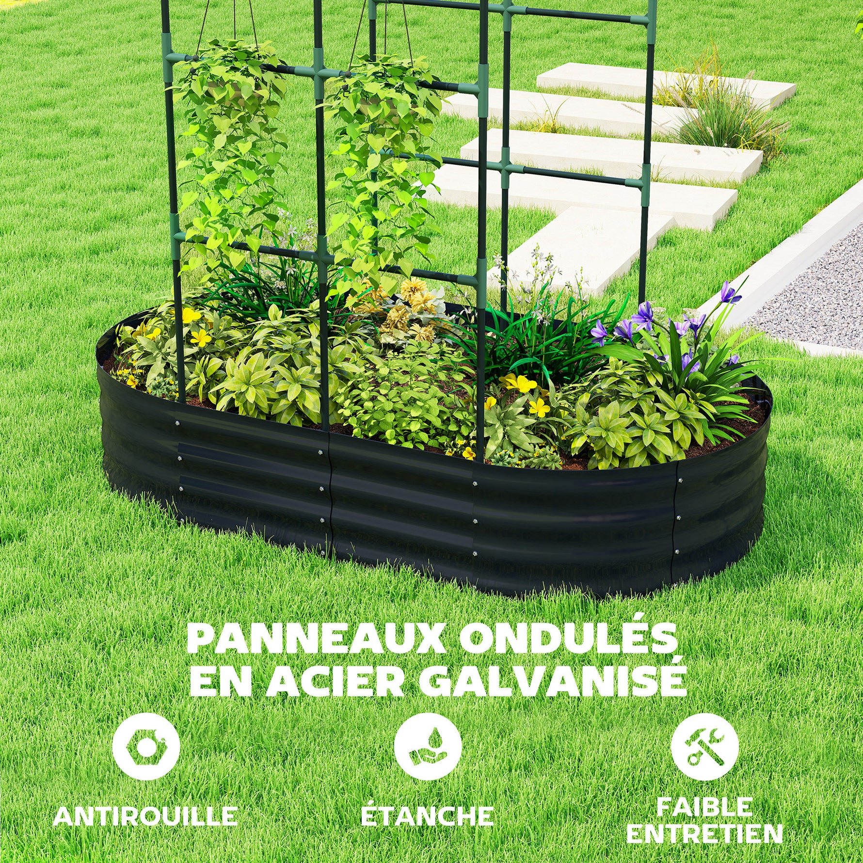 Jardinière avec treillis arqué, bac à fleurs en métal avec fond ouvert, gants inclus, 160x90x180cm, gris foncé