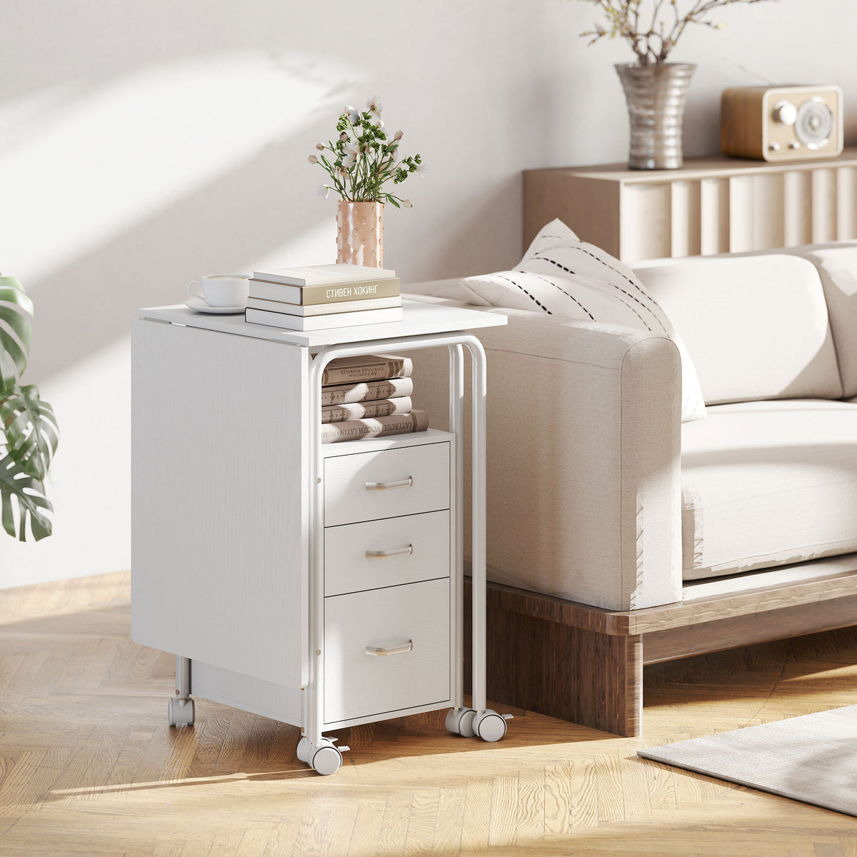 Bureau d'ordinateur pliable sur roulettes, bureau avec rangement, 3 tiroirs, plateau extensible, 105x51x75,5cm, blanc