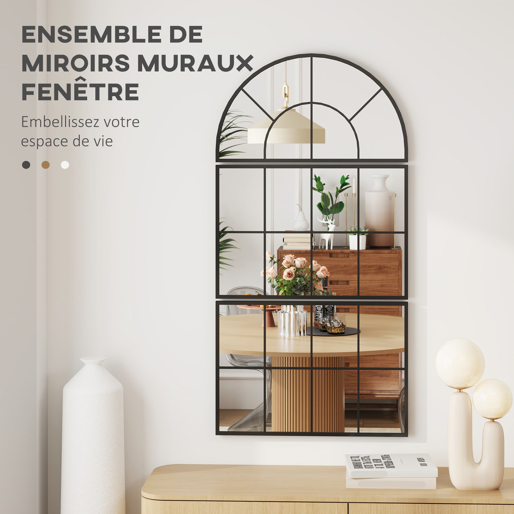 Miroir mural arqué miroir mural en forme de fenêtre ensemble de 3 pièces cadre en métal 76 x 43 cm noir
