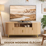 Meuble TV 140 cm avec 2 Prises et 2 Ports, Meuble Télé pour 84 Pouces, 2 Portes Battantes, 2 Portes Coulissantes, Chêne