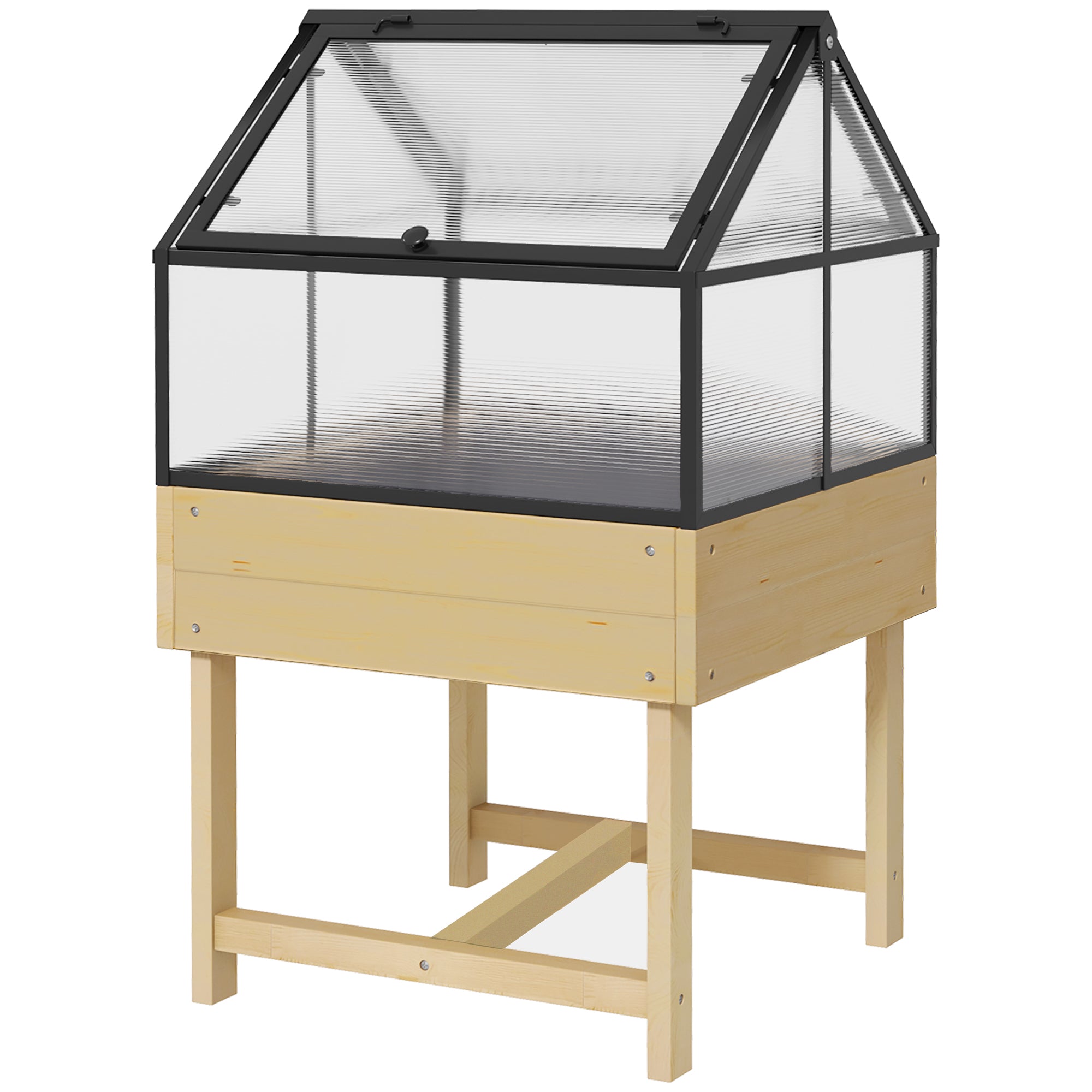 Mini serra rialzata dim. 60L x 57l x 103H cm con doppio tetto apribile, pannelli in policarbonato, acciaio, legno di abete trattato