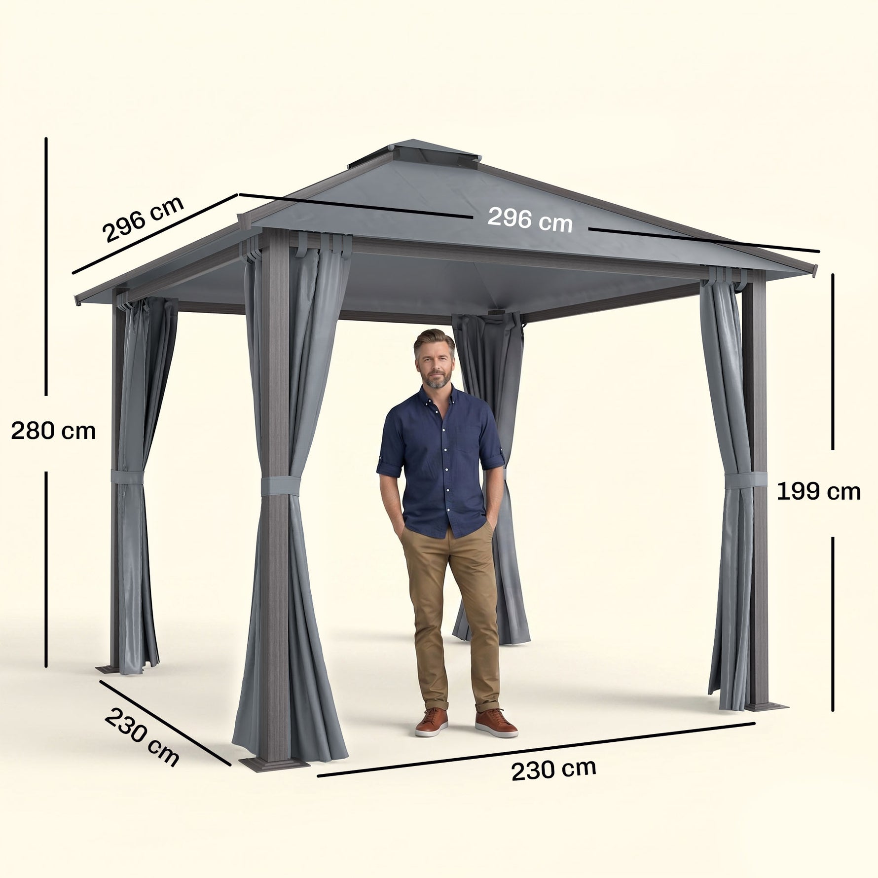 Tonnelle de jardin pour terrasse avec 4 parois latérales double toit protection solaire 3 x 3 m gris