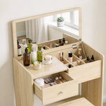 Schreibtisch-Schminktisch 2-in-1 mit klappbarem Spiegel und Hocker, Schminktisch mit Schublade und 6 Fächern, Eiche