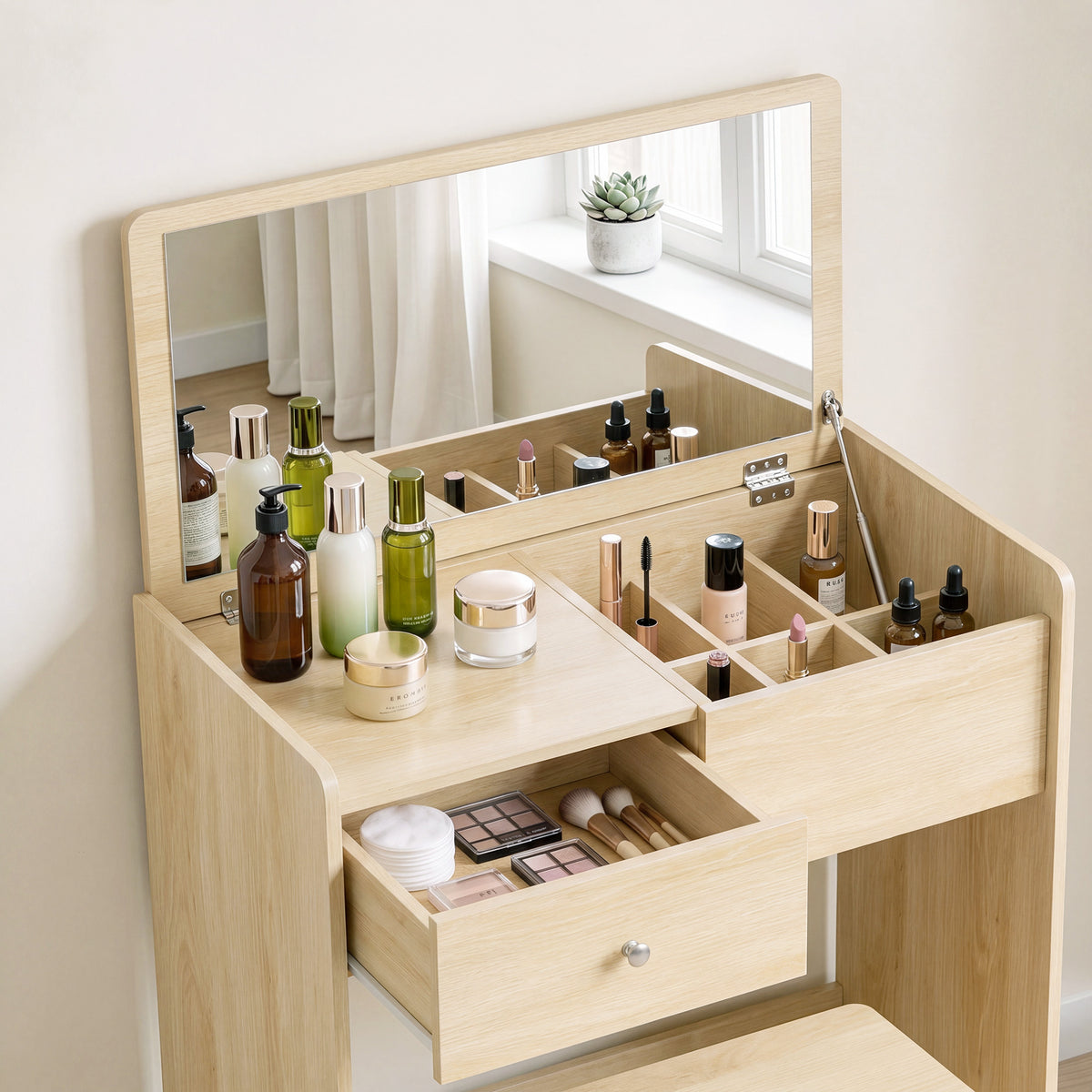 Schreibtisch-Schminktisch 2-in-1 mit klappbarem Spiegel und Hocker, Schminktisch mit Schublade und 6 Fächern, Eiche