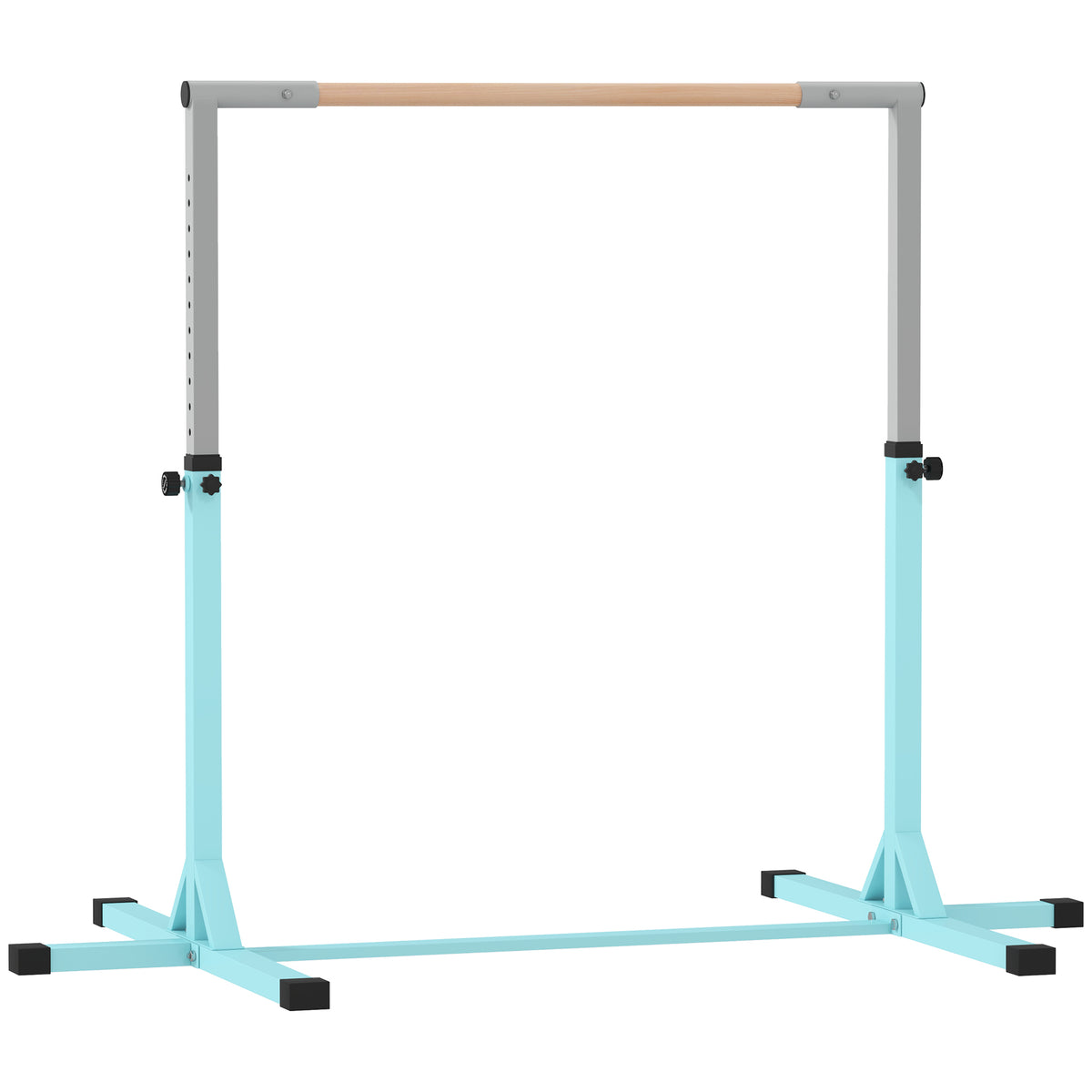 Turnstange für Kinder, 13-fach höhenverstellbar von 92-150 cm, aus Stahl und Buchenholz, Cyan