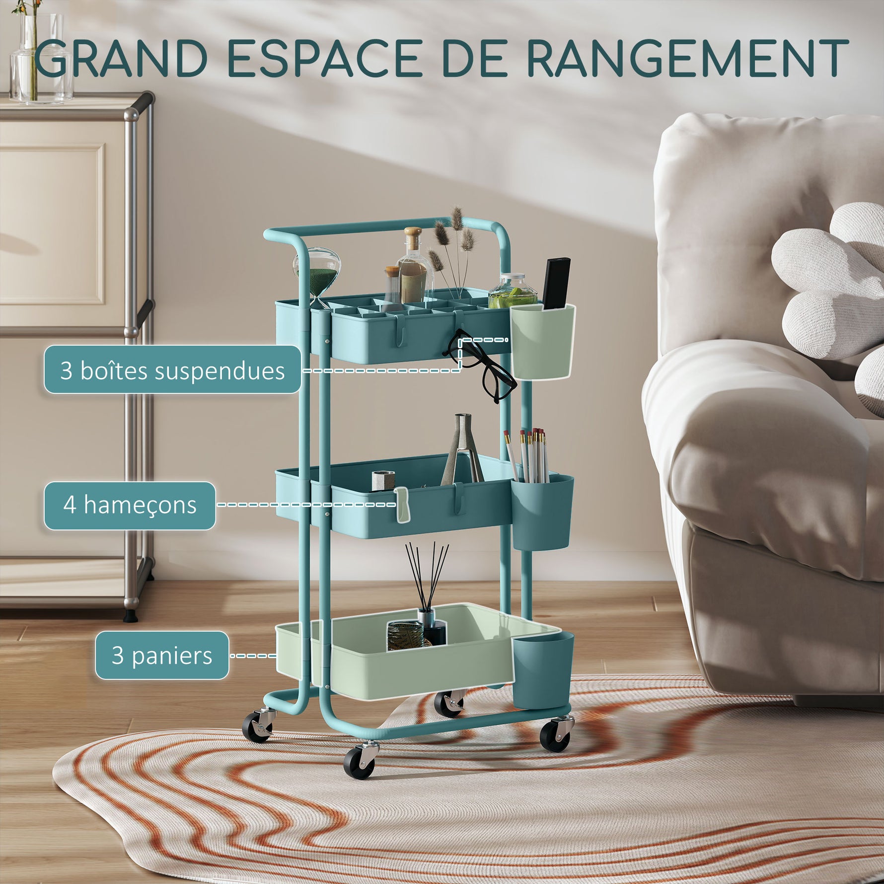 Chariot à 3 niveaux desserte avec 4 crochets et 3 boîtes suspendues amovibles pour 42 x 38 x 86,5 cm bleu-vert