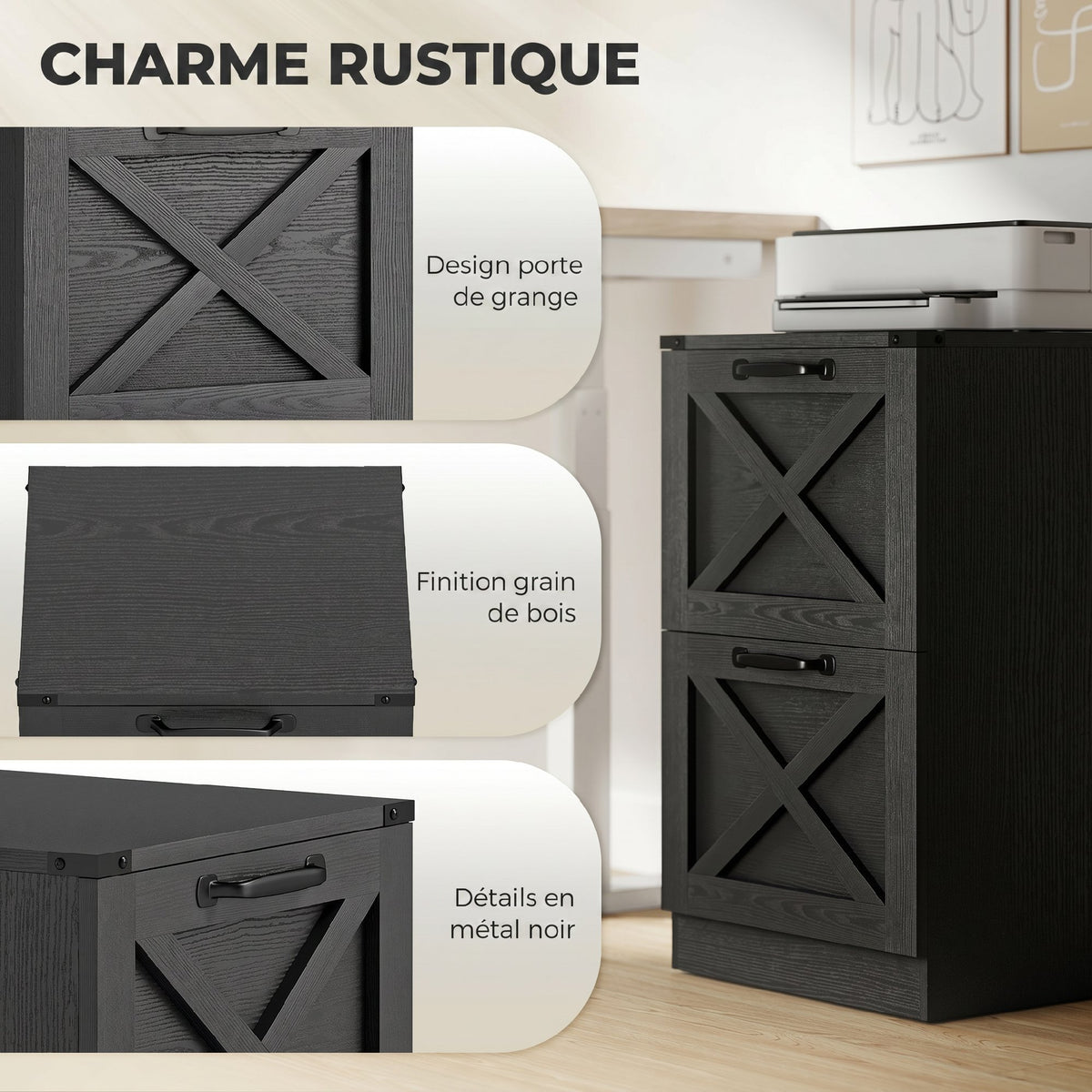 Cajonera de Oficina con 2 Cajones, Archivos Colgantes para Formatos Carta/A4, Estilo Rústico, 40x40x71cm, Negro