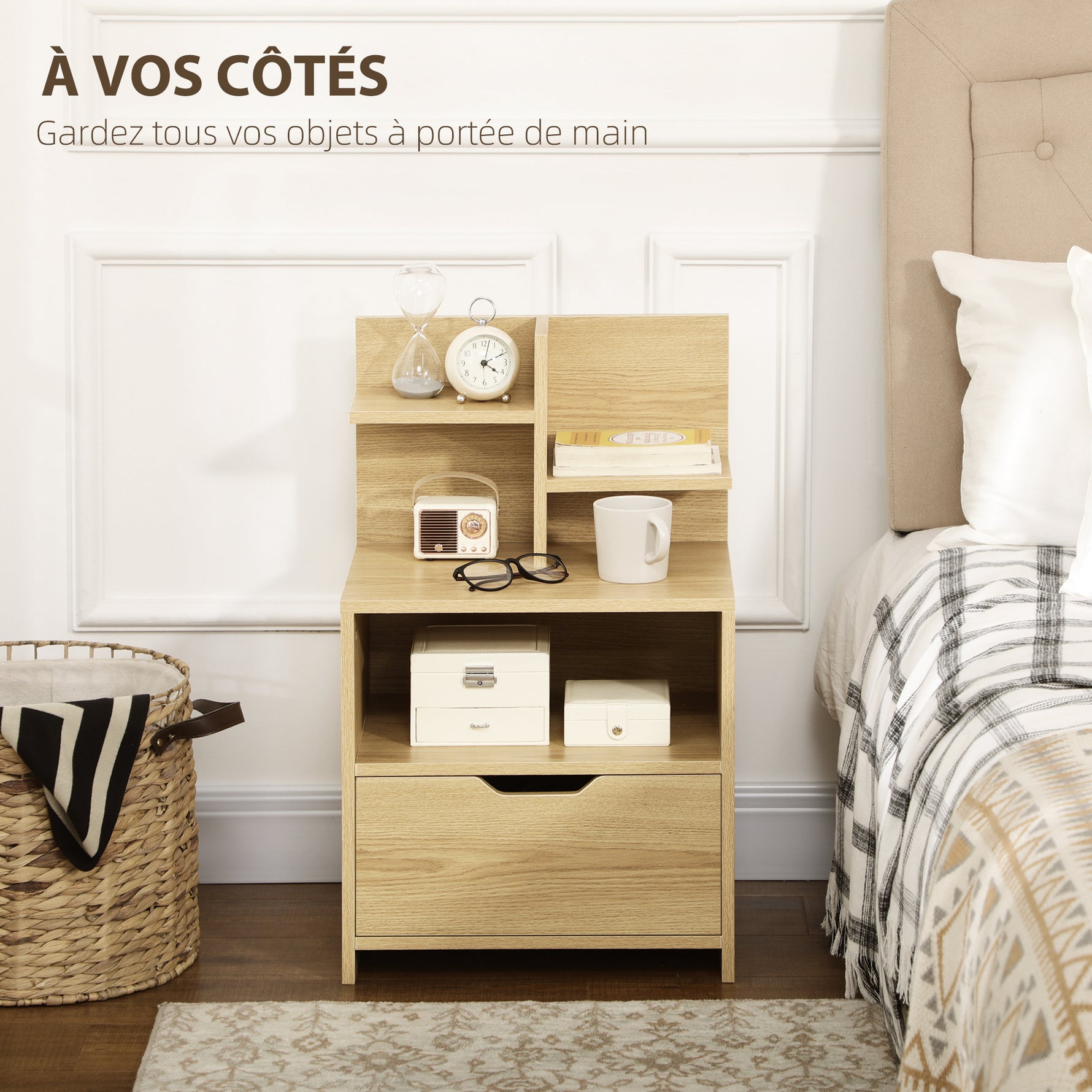 Table de chevet table de nuit avec tiroir, niche et étagères de rangement effet bois 45 x 35 x 73 cm naturel