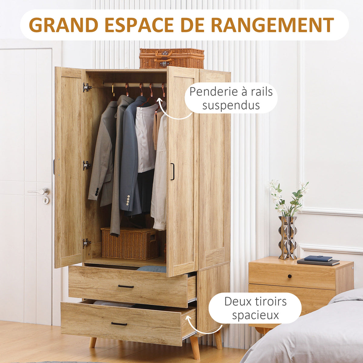 Armoire à vêtements armoire de rangement 2 portes et 2 tiroirs avec tringle - 80 x 54 x 180 cm