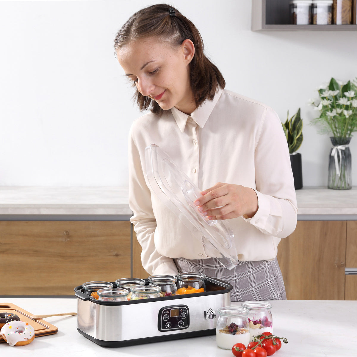 Yogurtiera con 8 vasetti in vetro da 180 ml, macchina per yogurt elettrica in acciaio inossidabile con timer, termostato regolabile e display digitale per dessert fatti in casa sani