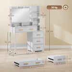 Coiffeuse avec miroir et 9 lumières LED, 4 tiroirs et 6 compartiments ouverts, 100 x 40 x 138 cm, blanc
