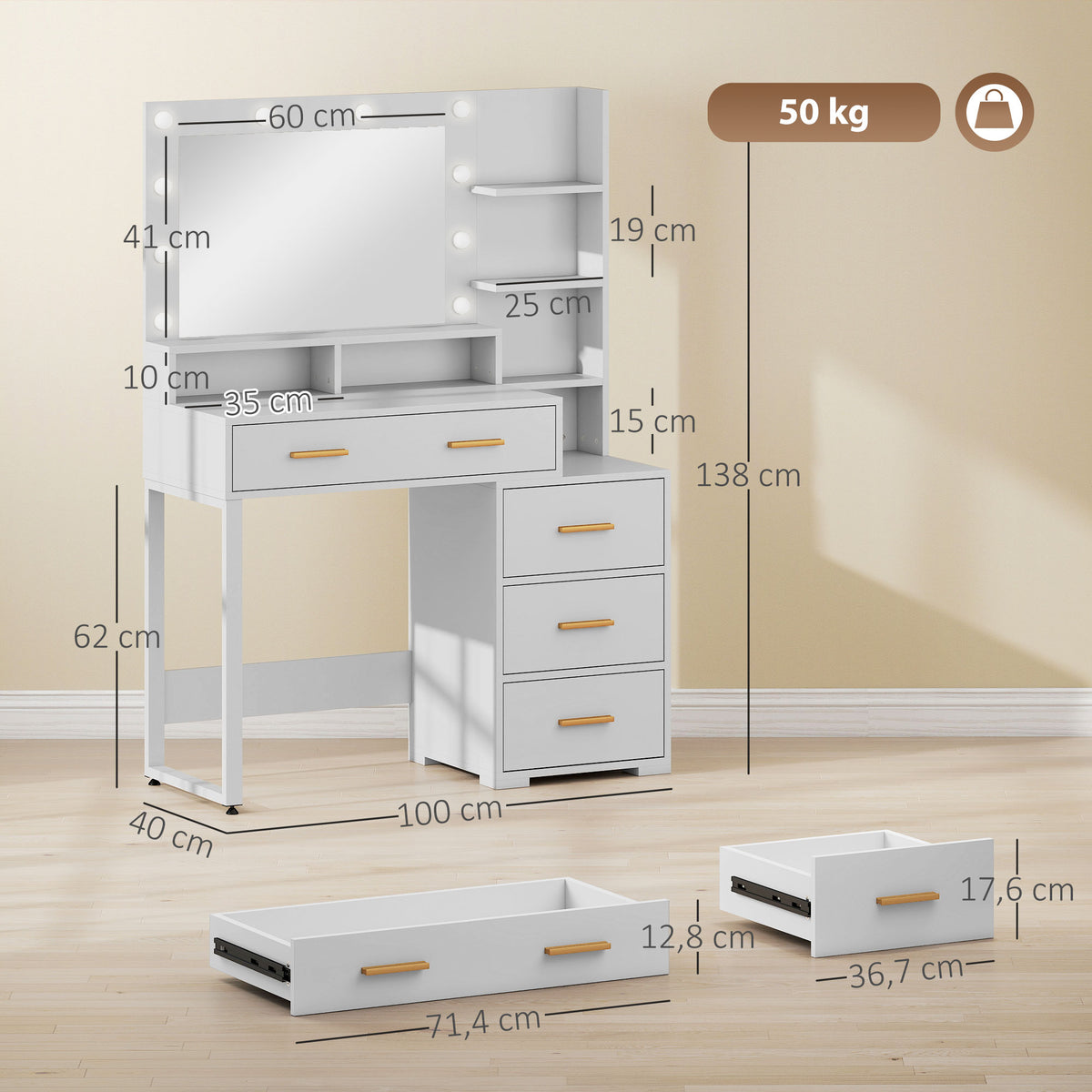 Coiffeuse avec miroir et 9 lumières LED, 4 tiroirs et 6 compartiments ouverts, 100 x 40 x 138 cm, blanc