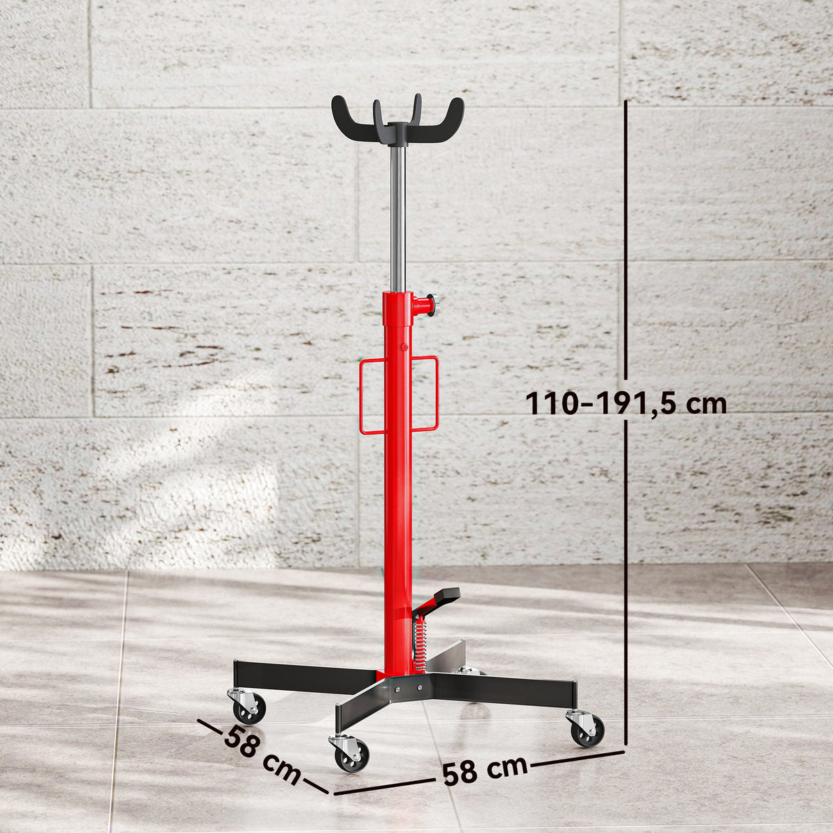 Vérin de fosse hydraulique, cric de levage 500 kg, avec roues pivotantes et pédale, acier, 58 x 58 x 110-191,5 cm rouge