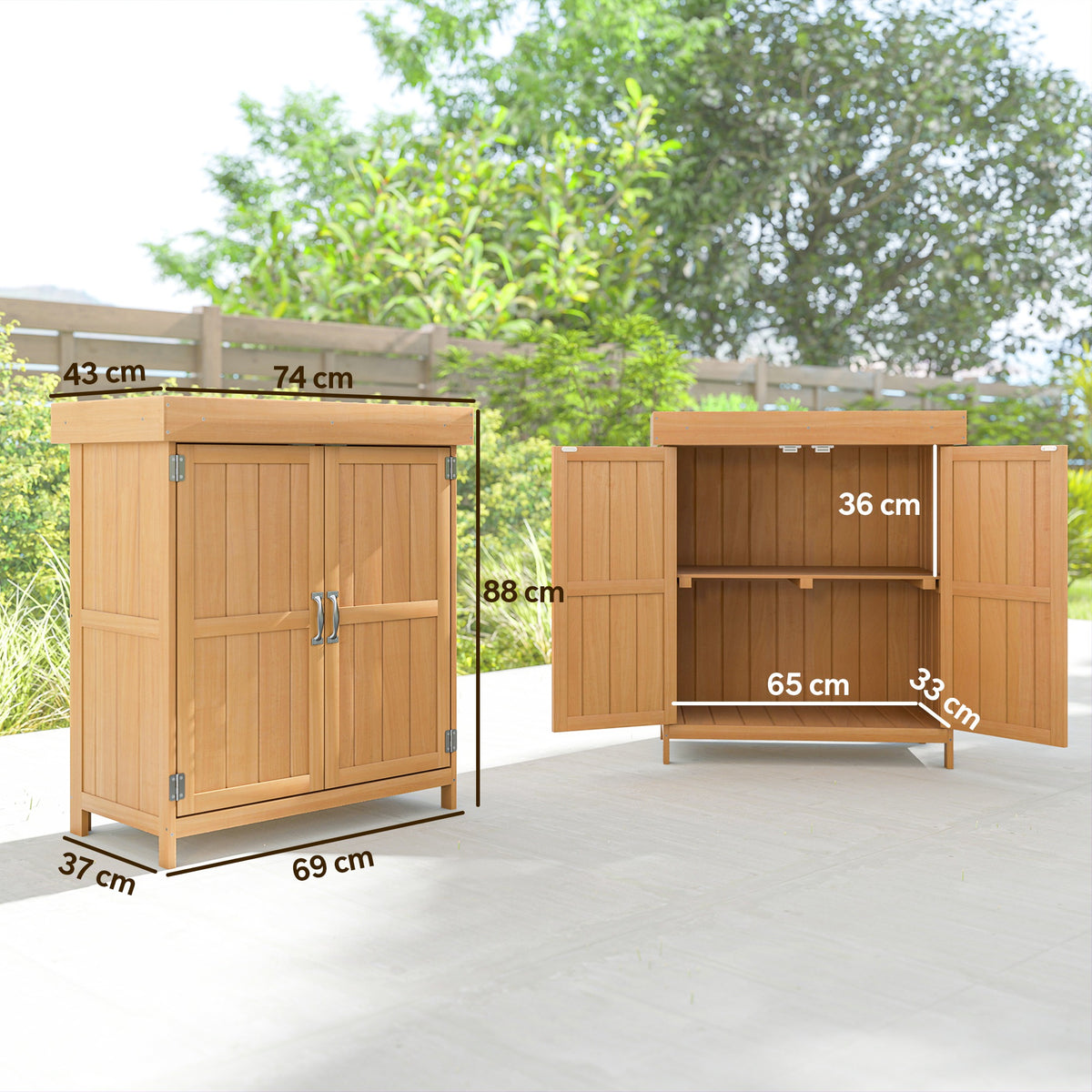 Armoire de Jardin sur Pied Double Porte étagère et Toit bitumé relevable dim. 74L x 43l x 88H cm Bois Massif de Sapin