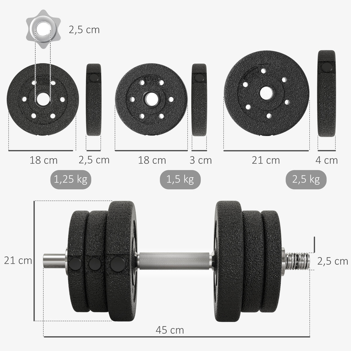Ensemble d'haltères courtes total 25 kg dumbbell paires poids réglable - barres incluses acier polyuréthane noir