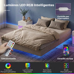 Lit Flottant 160 x 200 cm avec Éclairage LED Intelligent, Cadre de Lit Double Rembourré en Lin, Montage Facile, Beige