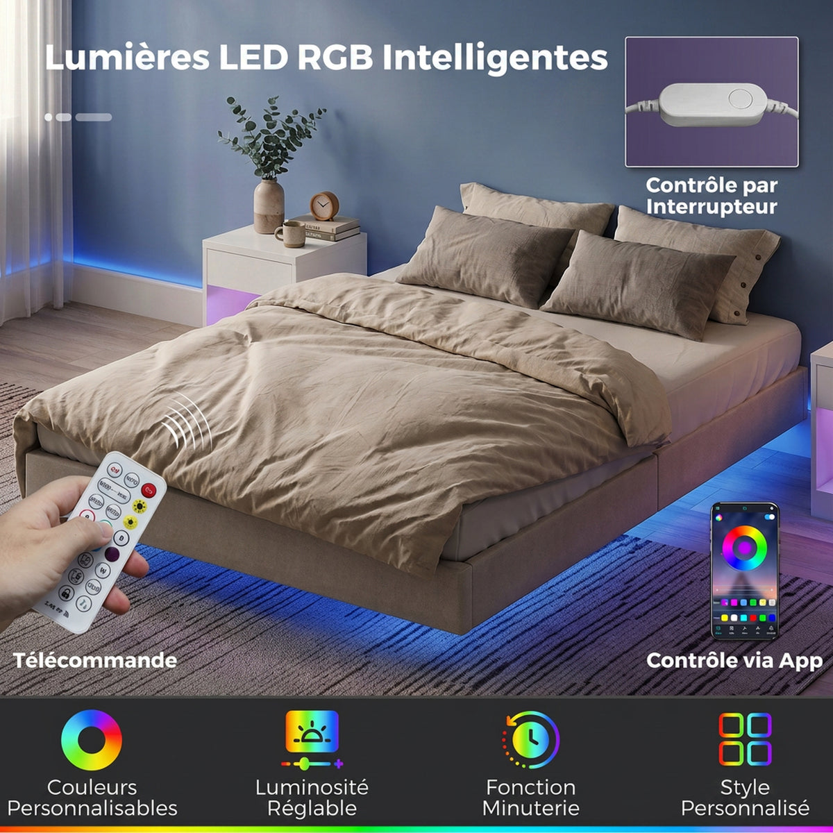 Lit Flottant 160 x 200 cm avec Éclairage LED Intelligent, Cadre de Lit Double Rembourré en Lin, Montage Facile, Beige