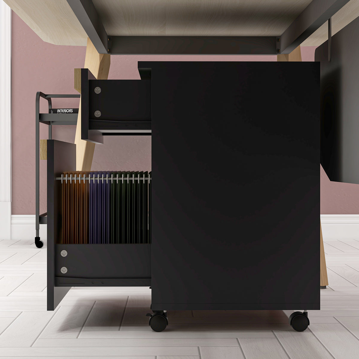 Caisson de bureau à roulettes avec 2 tiroirs coulissants trieur à dossiers 48 x 40 x 59,5 cm noir
