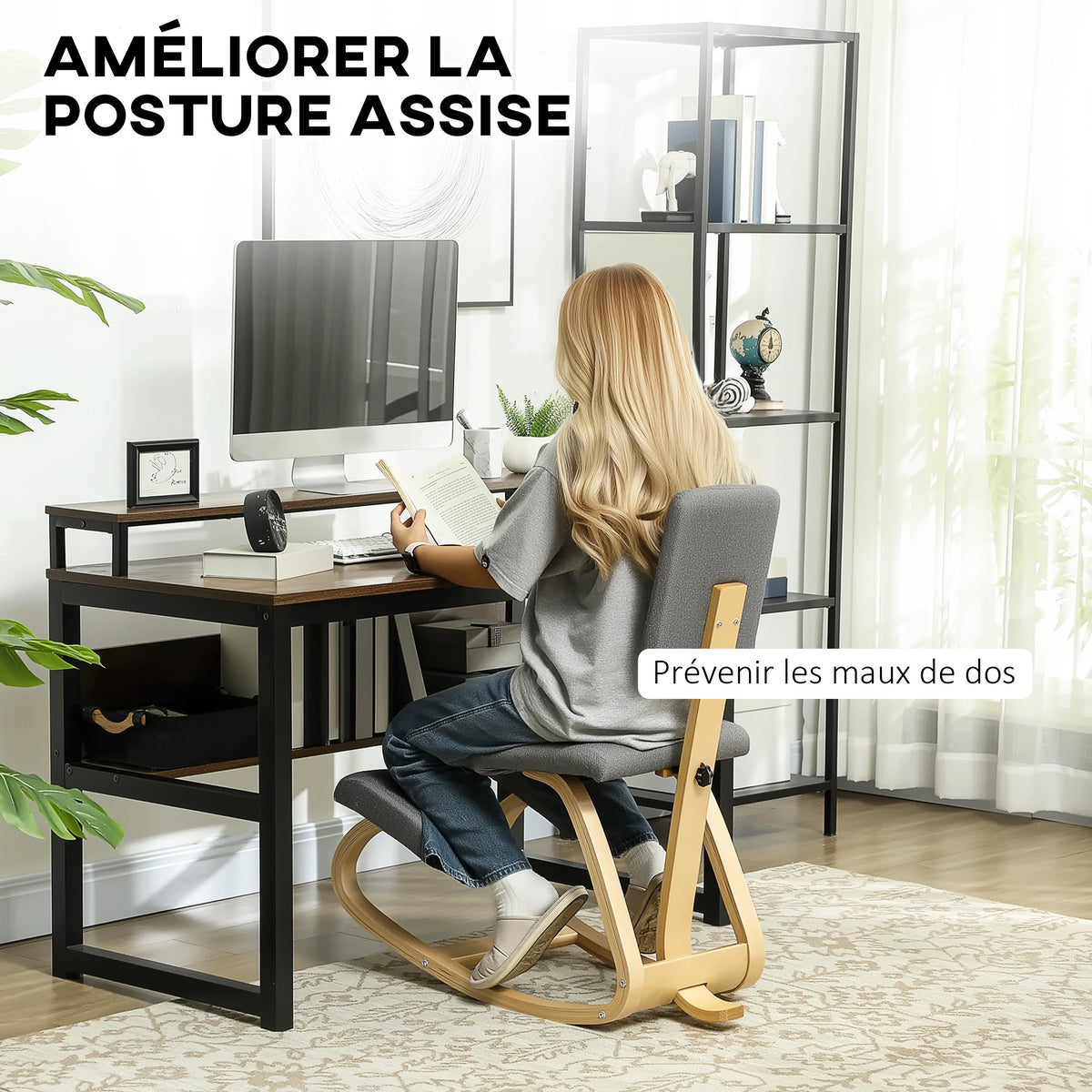Siège assis genoux, siège ergonomique en bois à bascule avec dossier, chaise à genoux pour bureau à domicile, gris
