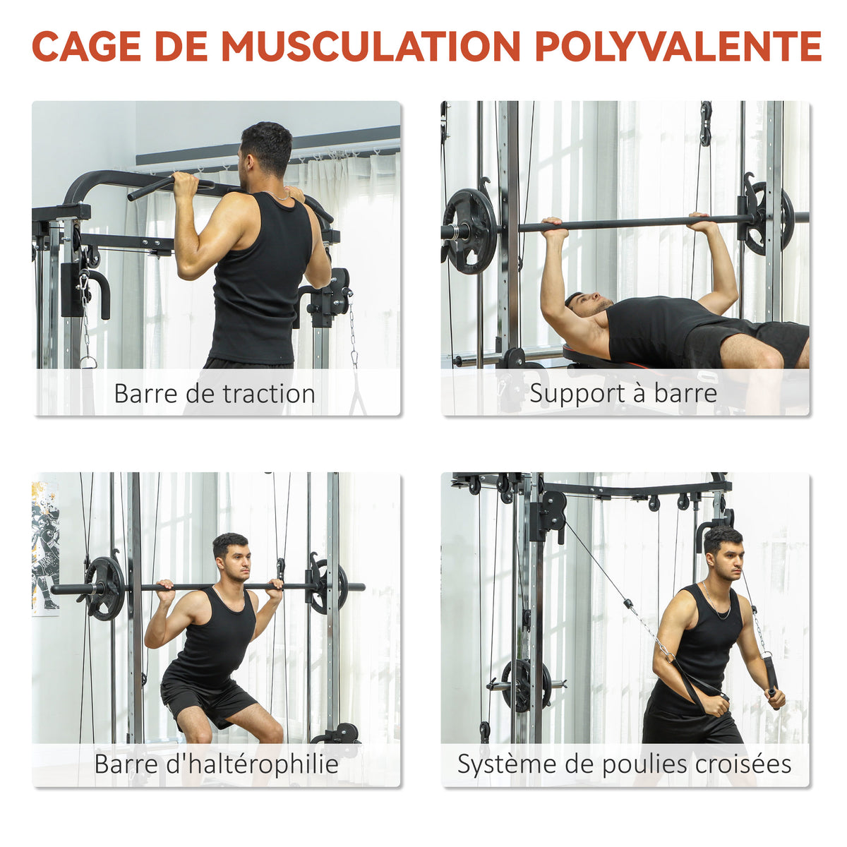 Station de musculation station de traction à câble support à squat barre câble cross-over 210 x 132 x 225 cm noir