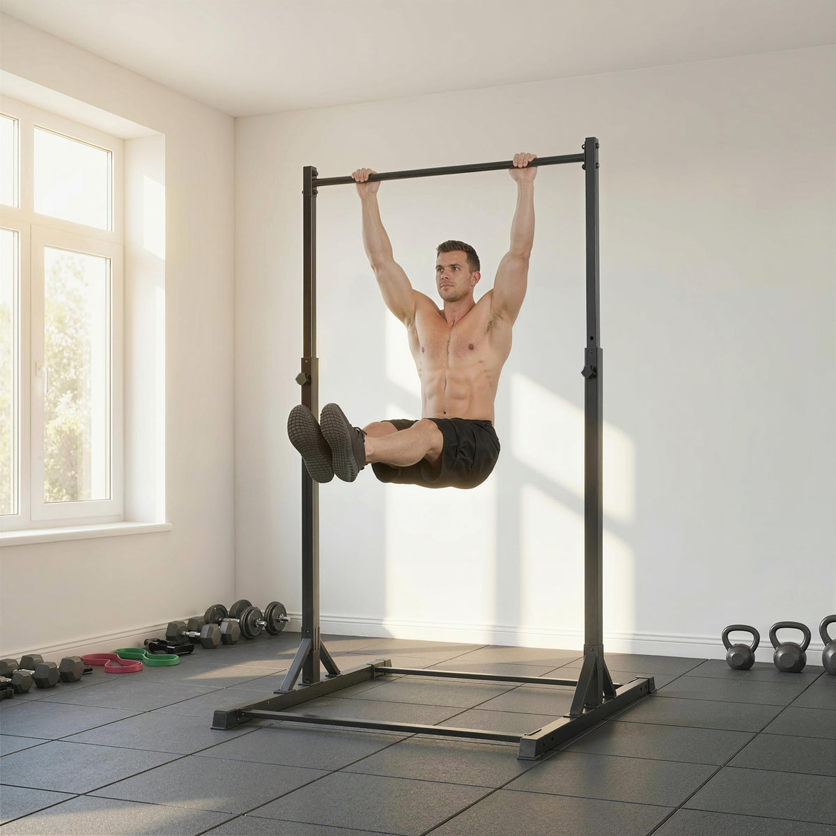 Station de musculation et barre de traction power tower 200 kg avec 8 niveaux de hauteur noir