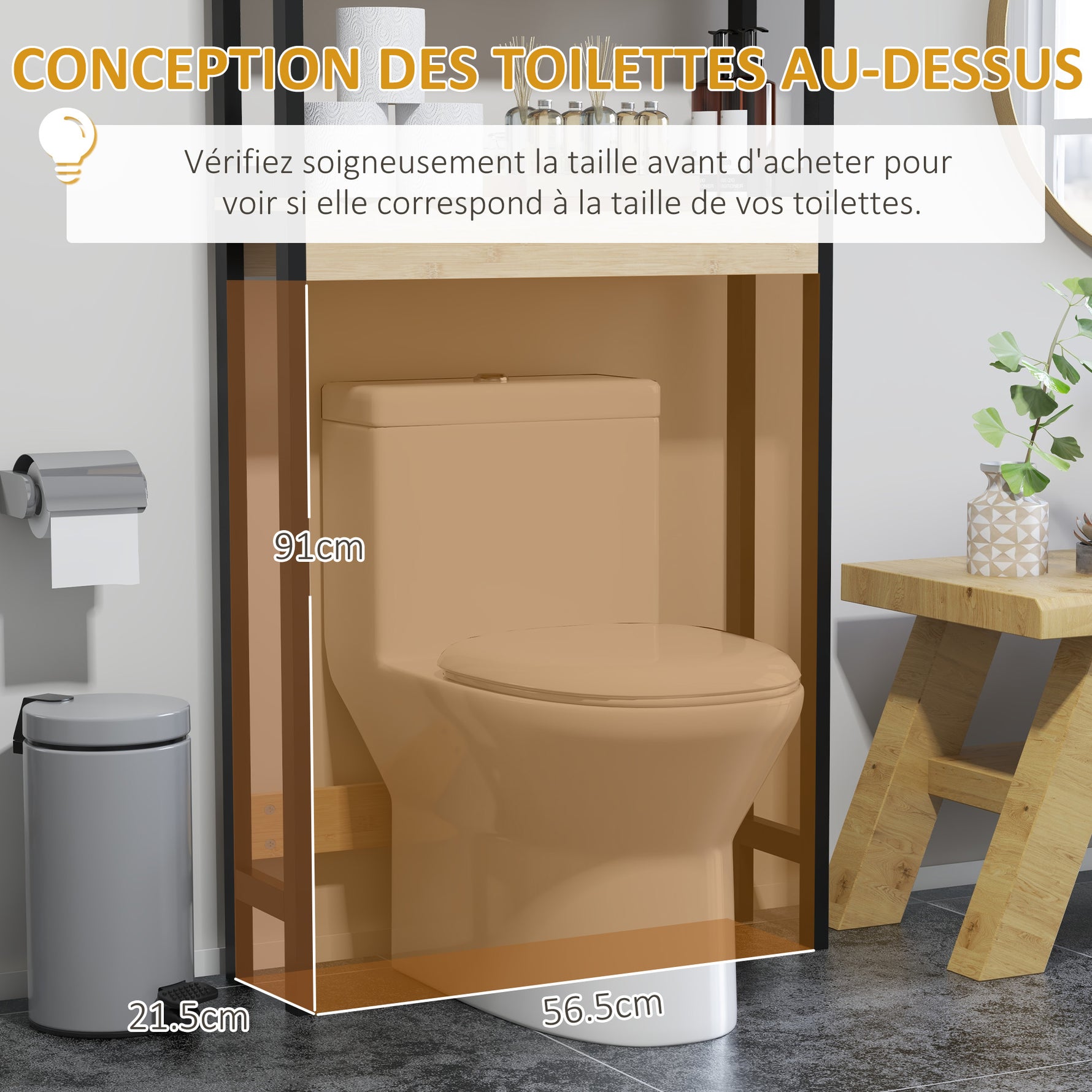Étagère de toilettes meuble de salle de bain dessus toilette WC avec placard 2 portes et étagère ouverte bambou