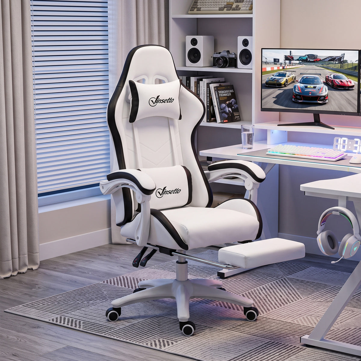 Siège gaming fauteuil gaming dossier inclinable 135° avec appui-tête repose-pieds 65l x 65P x 121-129H cm blanc et noir