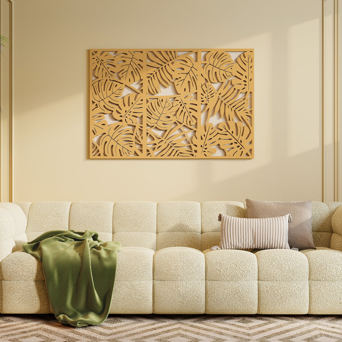 Ensemble de 3 Décorations Murales en Bois 3D, 40 x 80 cm, Feuilles Tropicales, Effet Bois Naturel