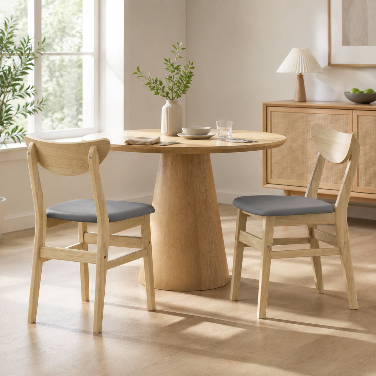 Lote de 2 sillas de comedor, sillas de cocina, asiento tapizado en lino, respaldo curvado, gris y madera natural