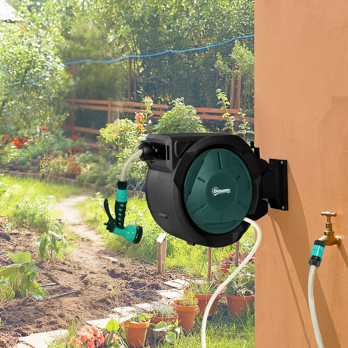 Enrouleur Tuyau Arrosage Mural 30 m x Ø 15 mm Dévidoir Automatique de Tuyaux d'Eau Rétractable Automatique vert