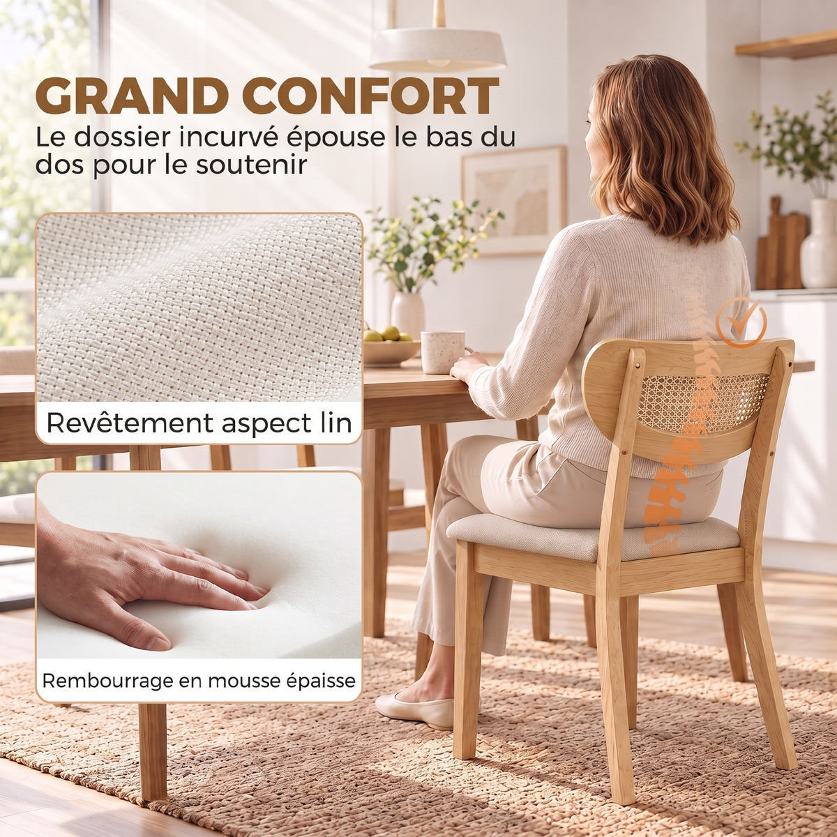 Juego de 2 sillas de comedor, sillas de cocina tapizadas en lino, respaldo con efecto ratán y patas de madera de caucho, beige