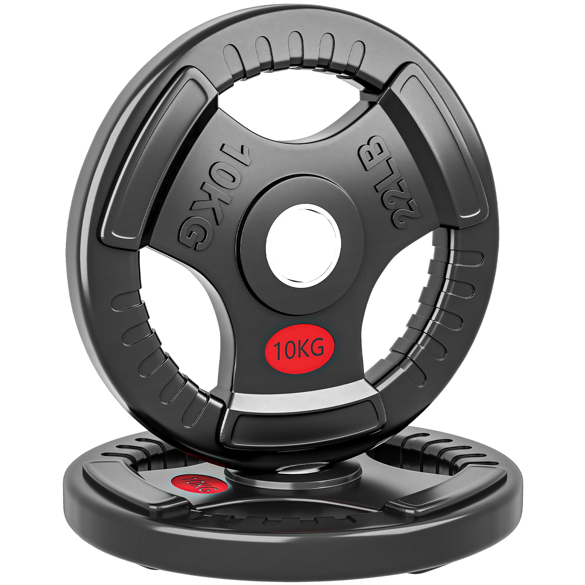 Stahl-Gewichtsscheiben 20 kg, PVC-Beschichtung, Gewichtsplatten 2 x 10 kg, 3 Griffe, 50 mm Bohrung, Schwarz
