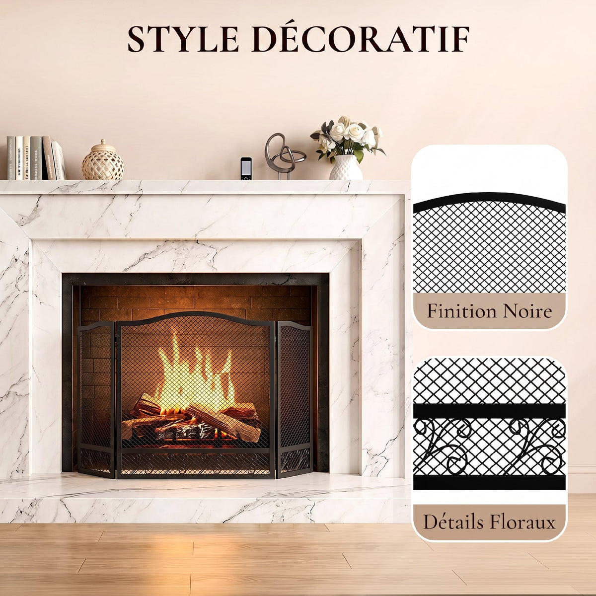 Pare Feu Cheminée Pliable 3 Panneaux, Pare-Étincelles Cheminée, Motif Floral, Métal, 107 x 60 cm, Noir-5