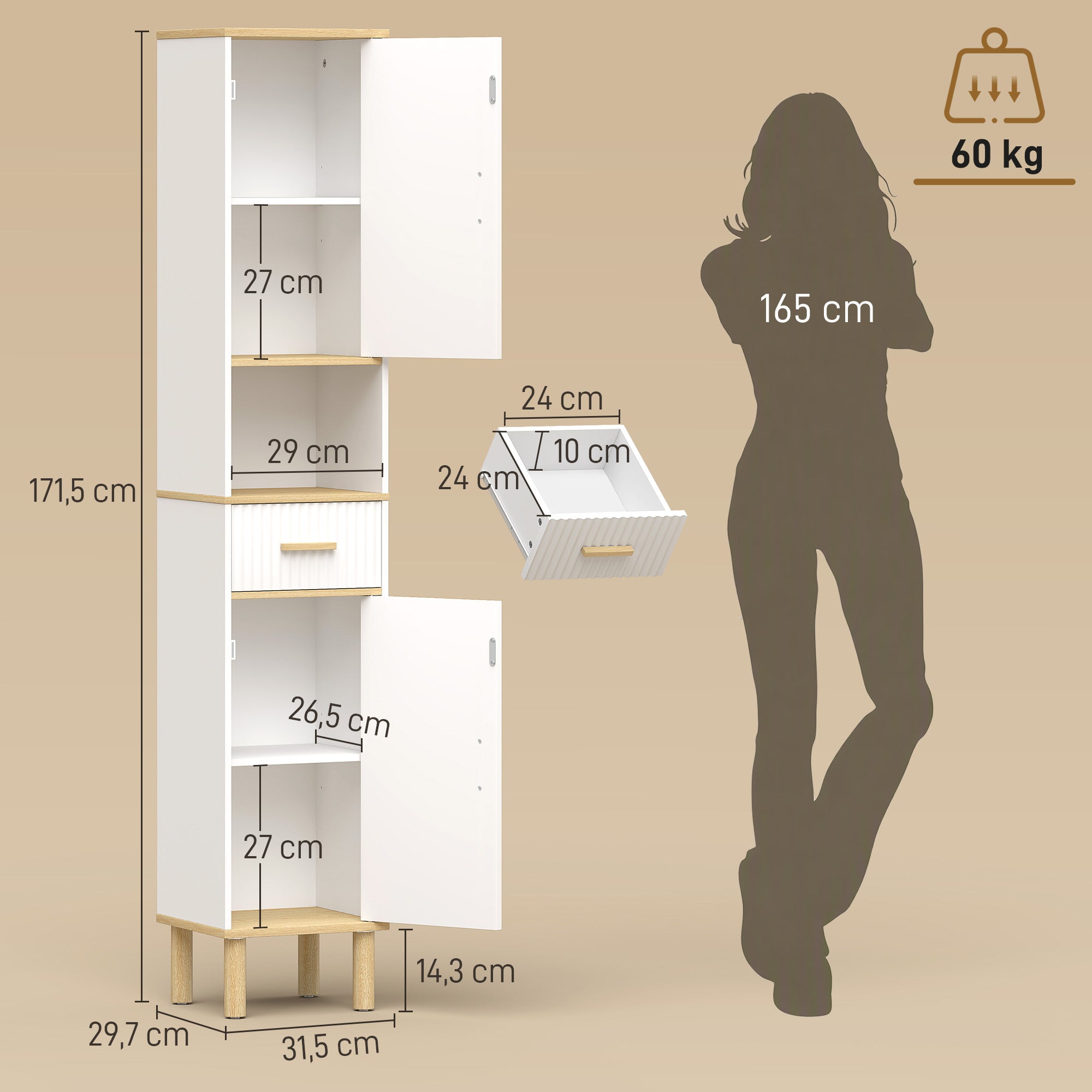 Meuble colonne salle de bain, meuble de rangement étroit avec 2 portes, tiroir, compartiment ouvert, blanc