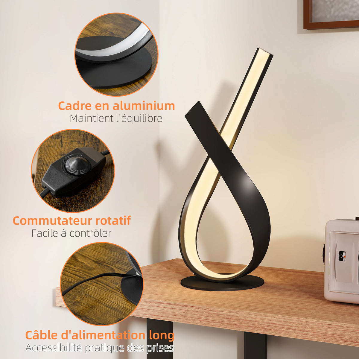 Lampe à poser design contemporain - lampe de table design spirale - dim. 21L x 15l x 43H cm - alu. noir LED blanc chaud