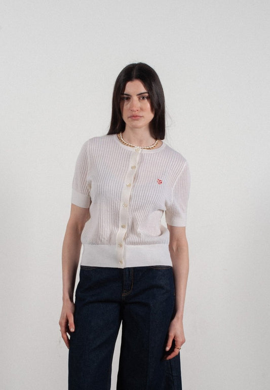 Cardigan col rond manches courtes femme en cachemire et laine ajouré ultrafin blanc - FRIDA 6