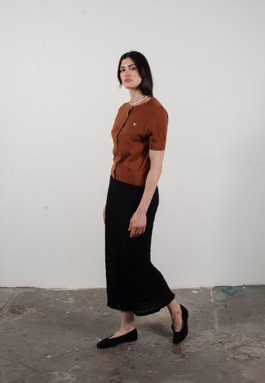 Cardigan col rond manches courtes femme en cachemire et laine ajouré ultrafin marron clair - FRIDA 6