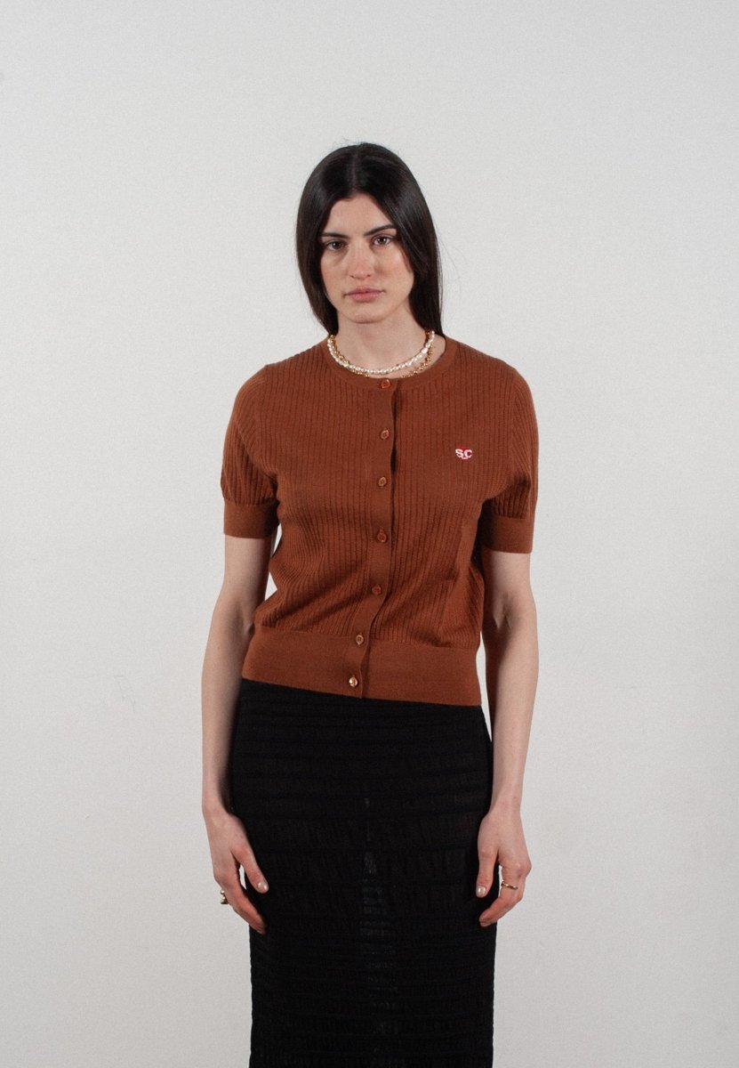 Cardigan col rond manches courtes femme en cachemire et laine ajouré ultrafin marron clair - FRIDA 6