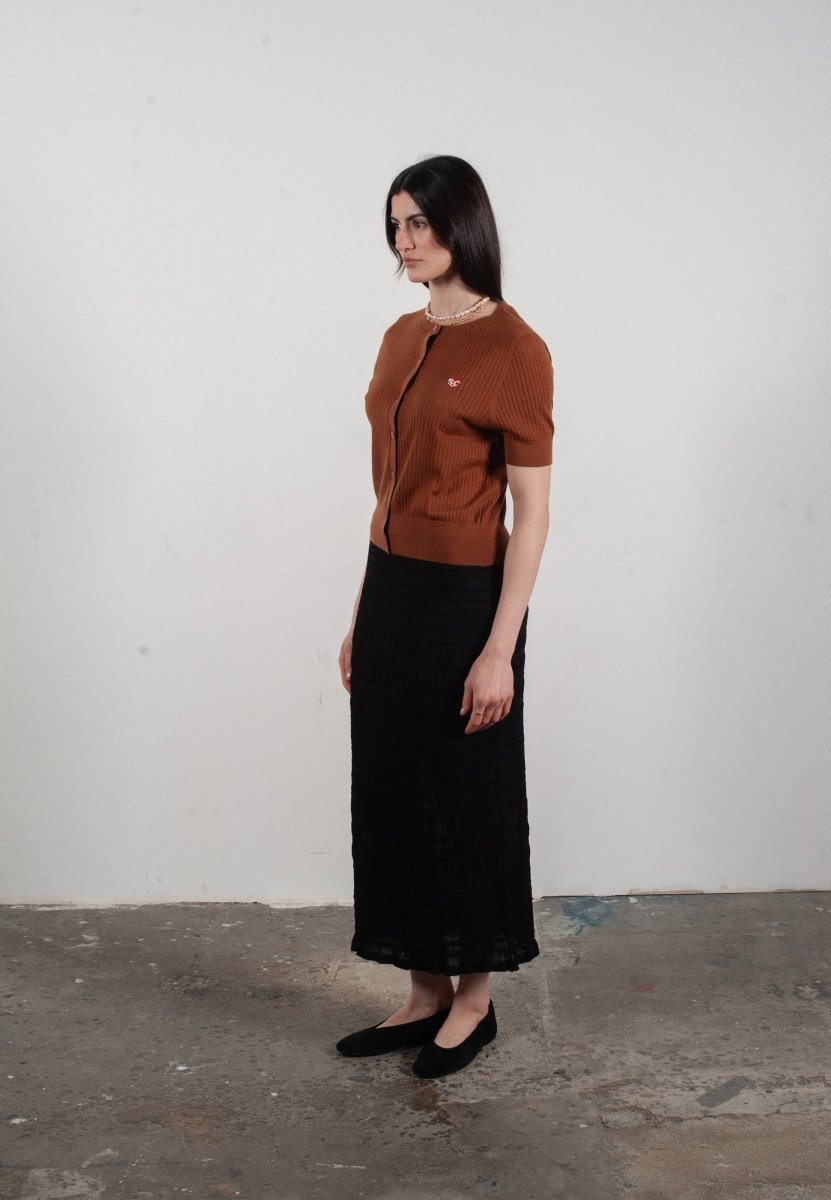 Cardigan col rond manches courtes femme en cachemire et laine ajouré ultrafin marron clair - FRIDA 6