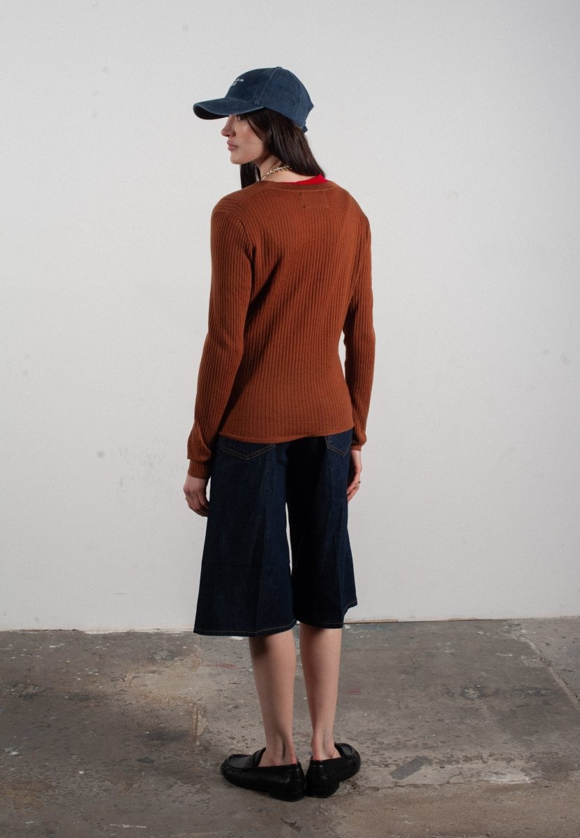 Cardigan col V femme en cachemire et laine ajouré ultrafin marron clair - FRIDA 3